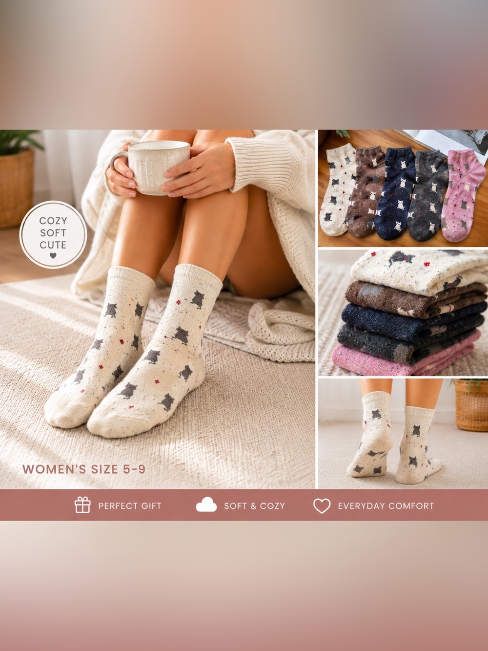 5 Pairs Cozy Cat & Sheep Fuzzy 1/2 calf Socks Women’s 5-9 Soft Novelty Gift
